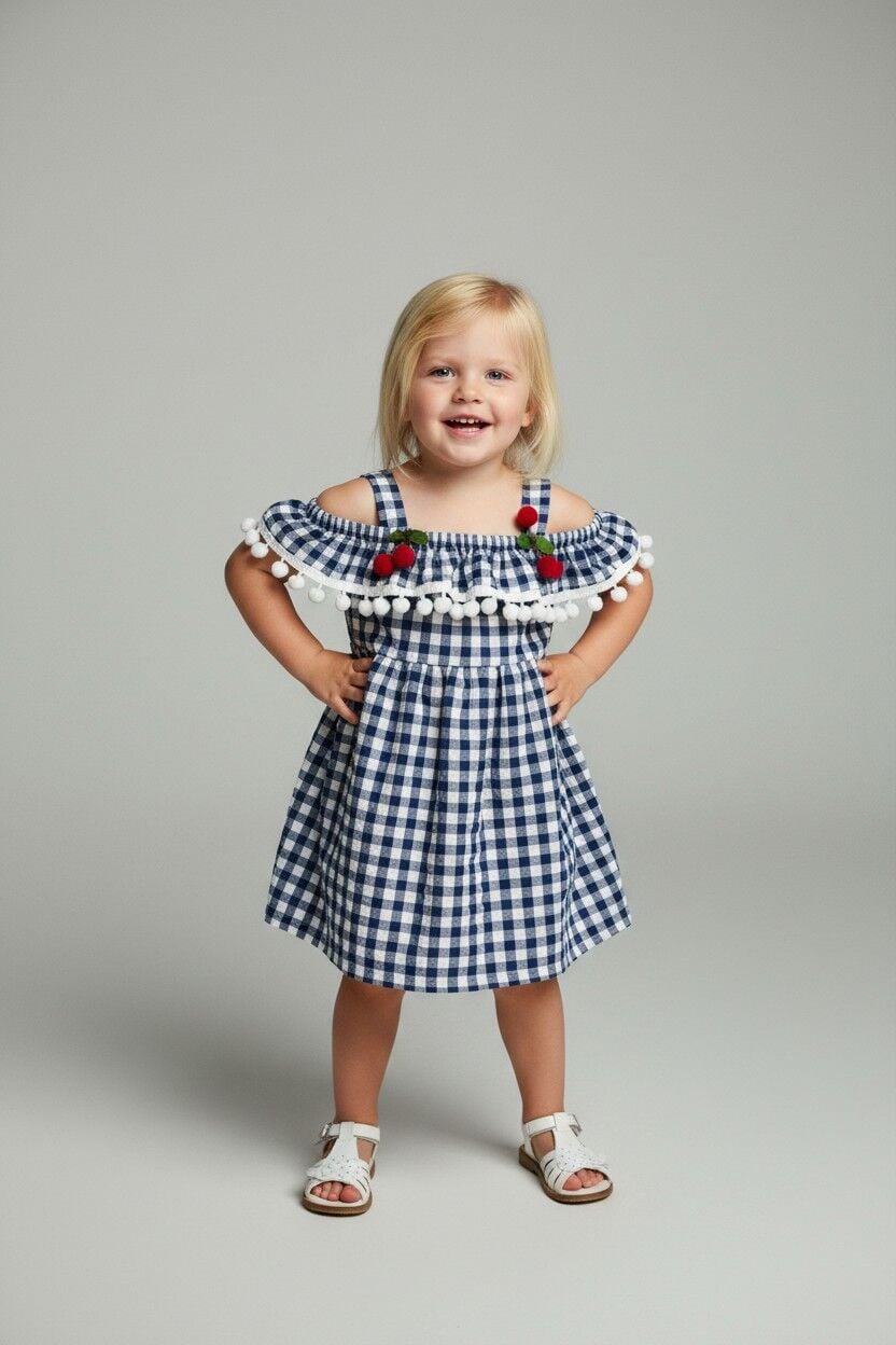 Kız Çocuk Kiraz Detaylı Yazlık Elbise – Askılı Pötikare Desen | 2-5 Yaş Renk Seçenekli LACİVERT 1 Yaş
