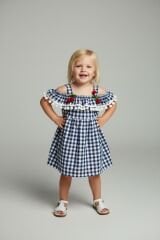 Kız Çocuk Kiraz Detaylı Yazlık Elbise – Askılı Pötikare Desen | 2-5 Yaş Renk Seçenekli LACİVERT 2 Yaş