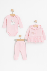 3’lü Bebek Takımı | Pembe Kuğu Nakışlı Body Hırka Pantolon Seti | Kız Bebek Giyim 0-9 Ay Pembe 0-9 Ay