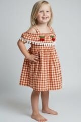 Kız Çocuk Kiraz Detaylı Yazlık Elbise – Askılı Pötikare Desen | 2-5 Yaş Renk Seçenekli TURUNCU 2 Yaş