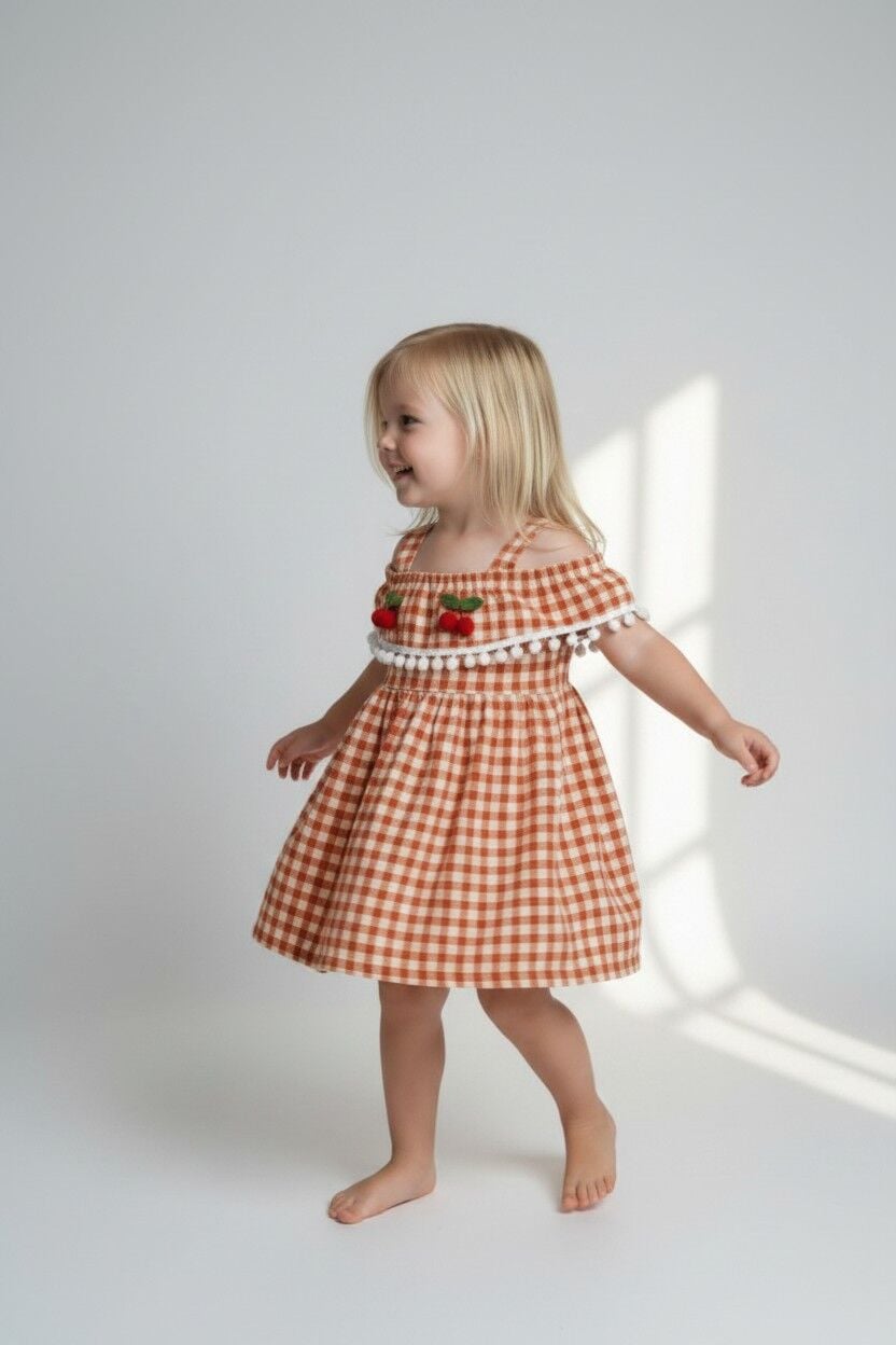 Kız Çocuk Kiraz Detaylı Yazlık Elbise – Askılı Pötikare Desen | 2-5 Yaş Renk Seçenekli TURUNCU 1 Yaş