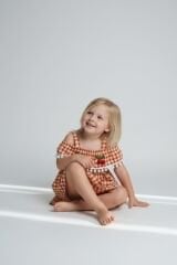 Kız Çocuk Kiraz Detaylı Yazlık Elbise – Askılı Pötikare Desen | 2-5 Yaş Renk Seçenekli TURUNCU 1 Yaş