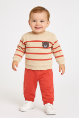 Erkek Bebek Ayıcık Nakışlı Çizgili 2’li Takım Pamuklu Pijama Takımı Günlük Rahat Kullanım