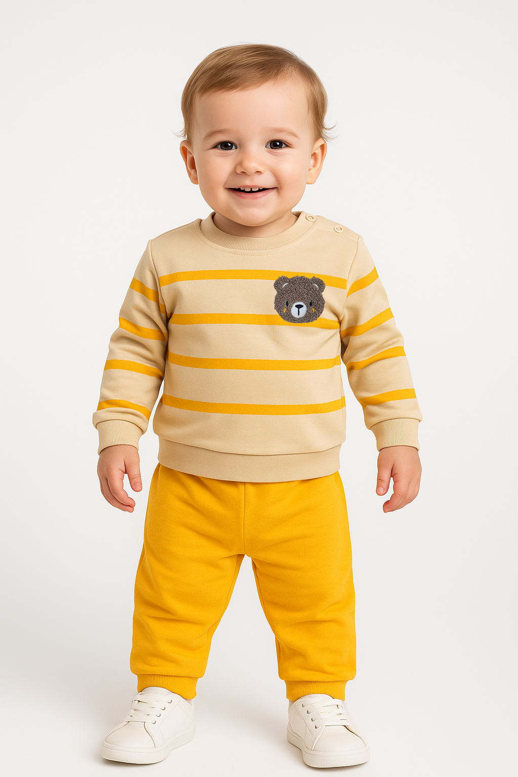 Erkek Bebek Ayıcık Nakışlı Çizgili 2’li Takım Pamuklu Pijama Takımı Günlük Rahat Kullanım 0-6 Ay - SARI