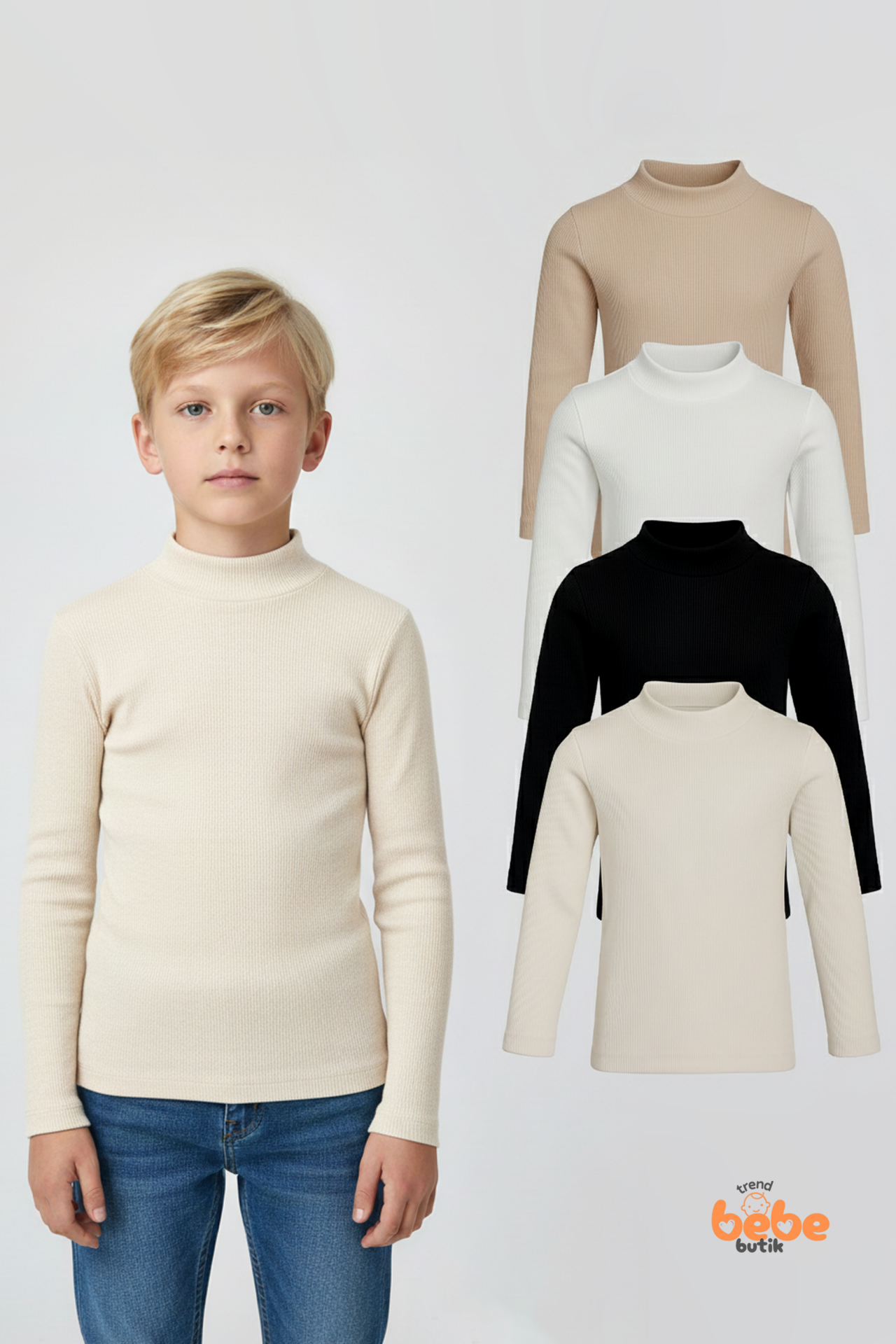 Erkek Çocuk 4’lü Basic Yarım Boğazlı Ribana Body Set Esnek Pamuklu Uzun Kollu Fitilli Body İçlik