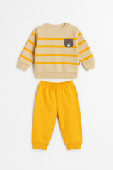 Erkek Bebek Ayıcık Nakışlı Çizgili 2’li Takım Pamuklu Pijama Takımı Günlük Rahat Kullanım 12-18 Ay - SARI