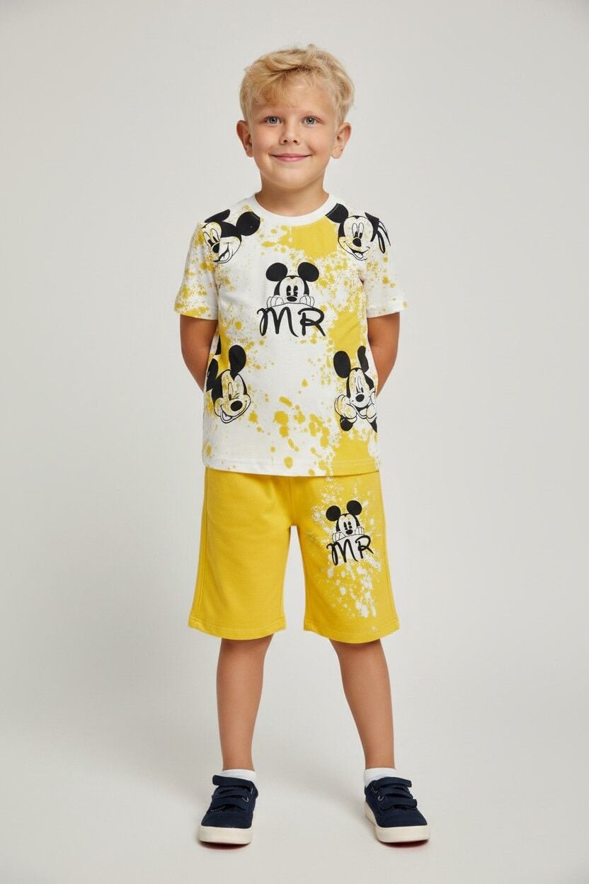 Erkek Çocuk Mİckey Mouse Baskılı Alt Üst Takım – Yazlık Şortlu Takım SARI 11-12 Yaş