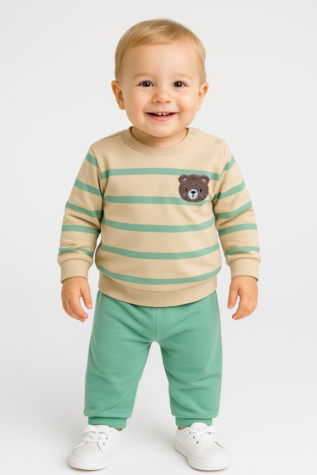 Erkek Bebek Ayıcık Nakışlı Çizgili 2’li Takım Pamuklu Pijama Takımı Günlük Rahat Kullanım 0-6 Ay - YEŞİL