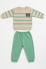 Erkek Bebek Ayıcık Nakışlı Çizgili 2’li Takım Pamuklu Pijama Takımı Günlük Rahat Kullanım 0-6 Ay - YEŞİL