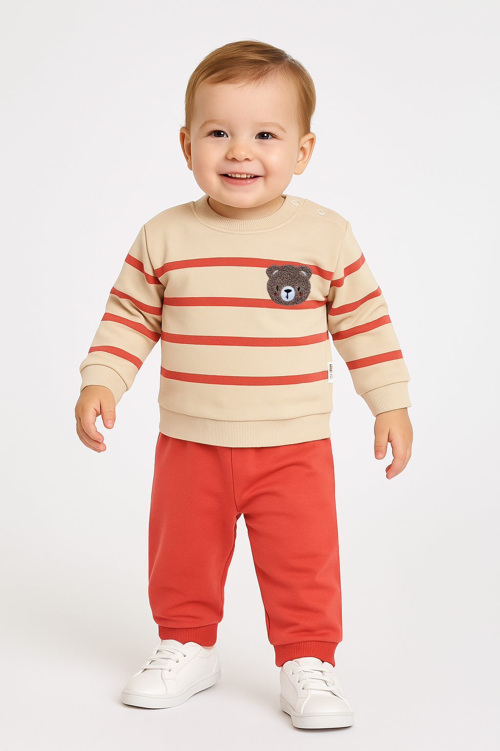 Erkek Bebek Ayıcık Nakışlı Çizgili 2’li Takım Pamuklu Pijama Takımı Günlük Rahat Kullanım 0-6 Ay - NAR ÇİÇEĞİ