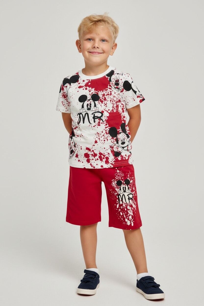 Erkek Çocuk Mİckey Mouse Baskılı Alt Üst Takım – Yazlık Şortlu Takım KIRMIZI 11-12 Yaş