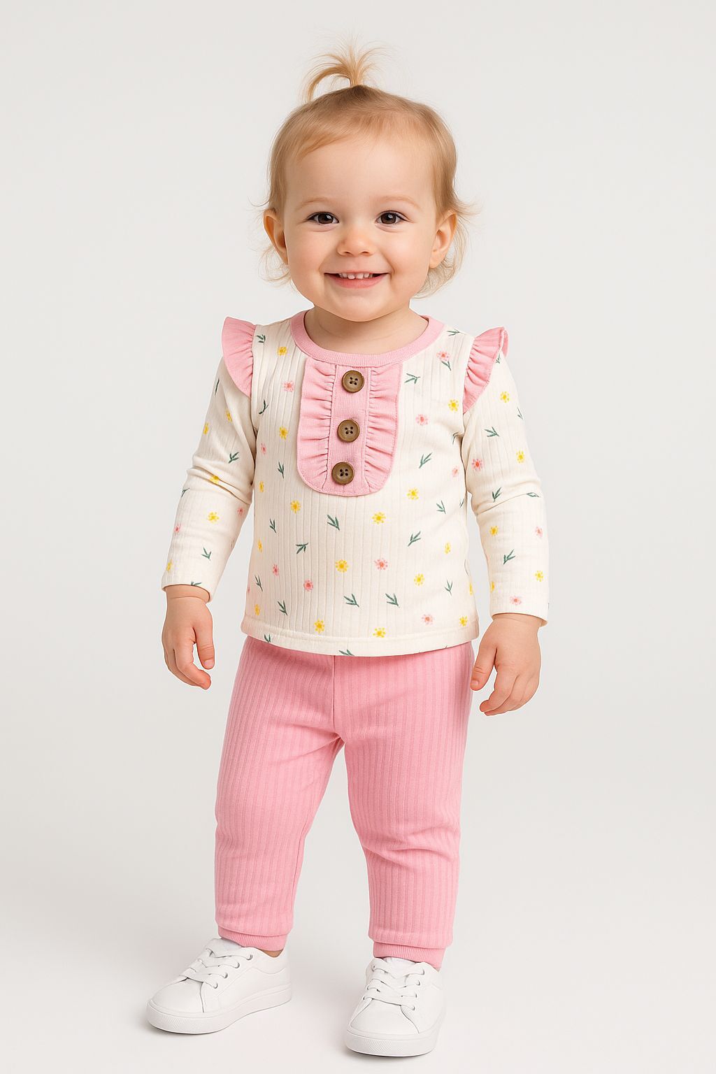Kız Bebek Çiçek Desenli 2’li Takım | Düğme ve Fırfır Detaylı Üst + Pembe Pantolon |  6-9-12-18 Ay