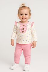 Kız Bebek Çiçek Desenli 2’li Takım | Düğme ve Fırfır Detaylı Üst + Pembe Pantolon |  6-9-12-18 Ay 6-9 Ay
