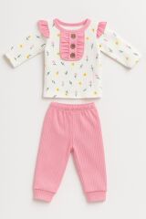 Kız Bebek Çiçek Desenli 2’li Takım | Düğme ve Fırfır Detaylı Üst + Pembe Pantolon |  6-9-12-18 Ay 6-9 Ay