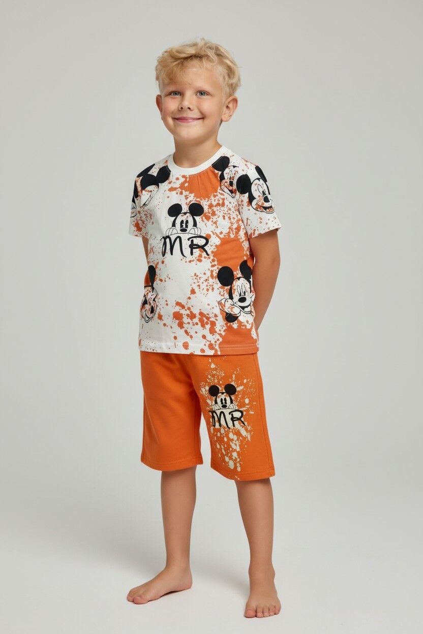 Erkek Çocuk Mİckey Mouse Baskılı Alt Üst Takım – Yazlık Şortlu Takım TURUNCU 11-12 Yaş