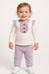 Kız Bebek Kalp Desenli İkili Takım | Düğmeli Volanlı Üst + Ribanalı Pantolon |  6-9-12-18 Ay