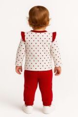 Kız Bebek Kalp Desenli İkili Takım | Düğmeli Volanlı Üst + Ribanalı Pantolon |  6-9-12-18 Ay 0-6 Ay - KIRMIZI