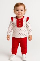 Kız Bebek Kalp Desenli İkili Takım | Düğmeli Volanlı Üst + Ribanalı Pantolon |  6-9-12-18 Ay 0-6 Ay - KIRMIZI