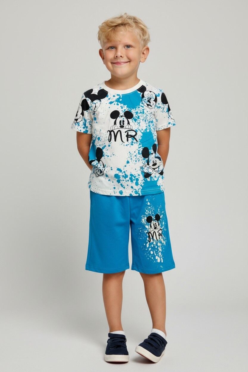 Erkek Çocuk Mİckey Mouse Baskılı Alt Üst Takım – Yazlık Şortlu Takım MAVİ 11-12 Yaş