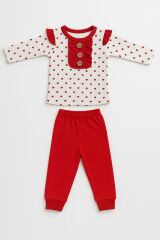 Kız Bebek Kalp Desenli İkili Takım | Düğmeli Volanlı Üst + Ribanalı Pantolon |  6-9-12-18 Ay 9-12 Ay - KIRMIZI