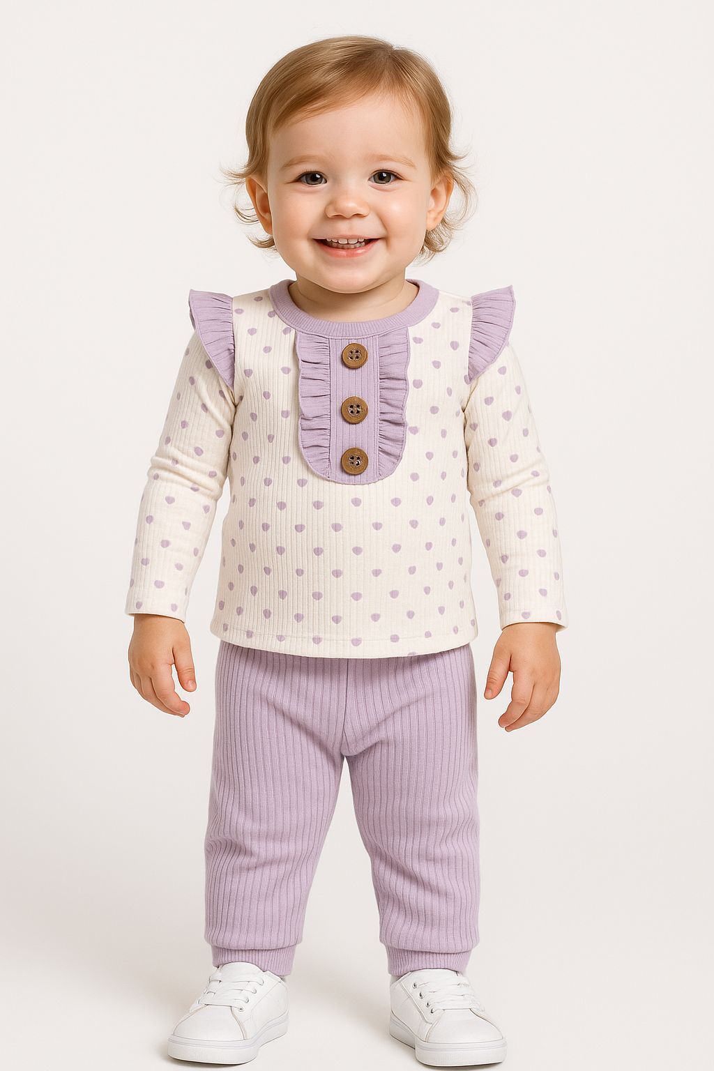 Kız Bebek Kalp Desenli İkili Takım | Düğmeli Volanlı Üst + Ribanalı Pantolon |  6-9-12-18 Ay 0-6 Ay - Lila