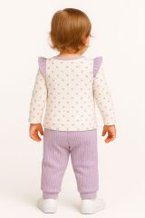 Kız Bebek Kalp Desenli İkili Takım | Düğmeli Volanlı Üst + Ribanalı Pantolon |  6-9-12-18 Ay 0-6 Ay - Lila
