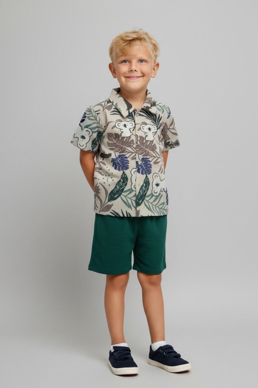 Erkek Çocuk Desenli Gömlekli Şort Takım – Yazlık Alt Üst Takım |  3 Renk Seçenekli HAKİ 4-5 Yaş