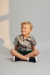 Erkek Çocuk Desenli Gömlekli Şort Takım – Yazlık Alt Üst Takım |  3 Renk Seçenekli HAKİ 4-5 Yaş