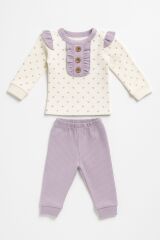 Kız Bebek Kalp Desenli İkili Takım | Düğmeli Volanlı Üst + Ribanalı Pantolon |  6-9-12-18 Ay 9-12 Ay - Lila