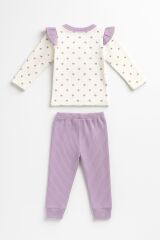 Kız Bebek Kalp Desenli İkili Takım | Düğmeli Volanlı Üst + Ribanalı Pantolon |  6-9-12-18 Ay 9-12 Ay - Lila