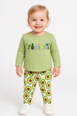 Avokado Desenli Bebek Takımı 2’li | Tropikal Baskılı Uzun Kollu Tişört + Yumuşak Tayt | 6-18 Ay