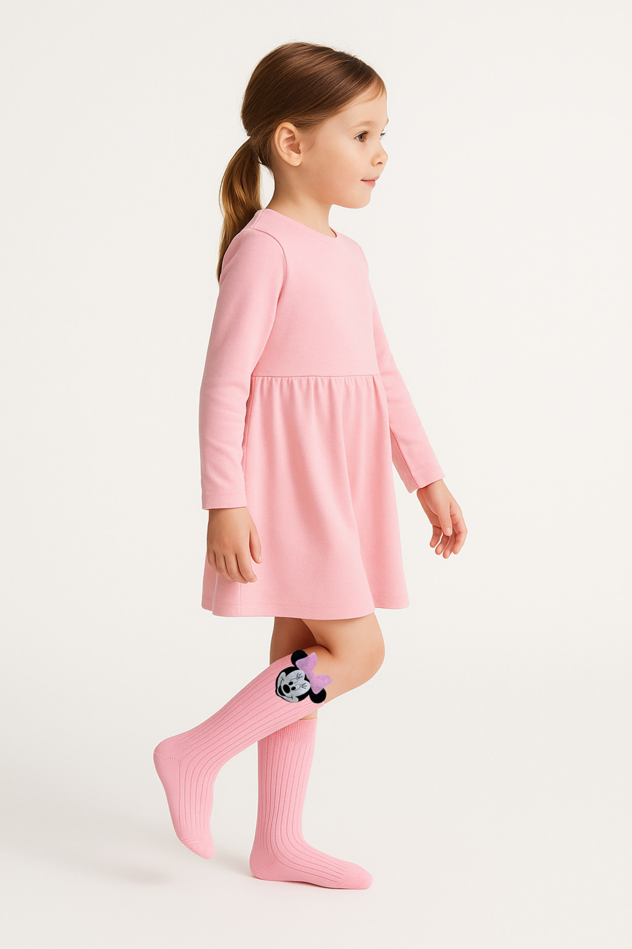 Kız Çocuk Minnie Mouse Figürlü Diz Altı Çorap | Pamuklu Sevimli Uzun Çocuk Çorabı PEMBE - 11 YAŞ