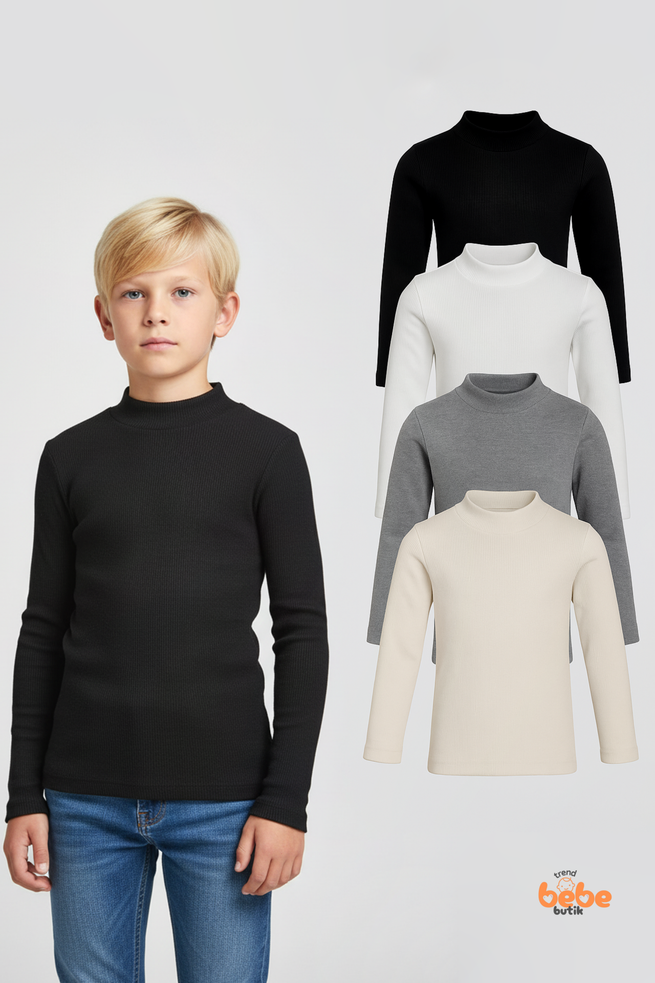 Erkek Çocuk 4’lü Basic Yarım Boğazlı Ribana Body Set Esnek Pamuklu Uzun Kollu Fitilli Body İçlik