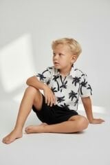 Erkek Çocuk Desenli Gömlekli Şort Takım – Yazlık Alt Üst Takım |  3 Renk Seçenekli SİYAH 4-5 Yaş