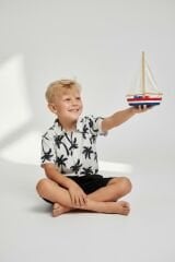 Erkek Çocuk Desenli Gömlekli Şort Takım – Yazlık Alt Üst Takım |  3 Renk Seçenekli SİYAH 4-5 Yaş