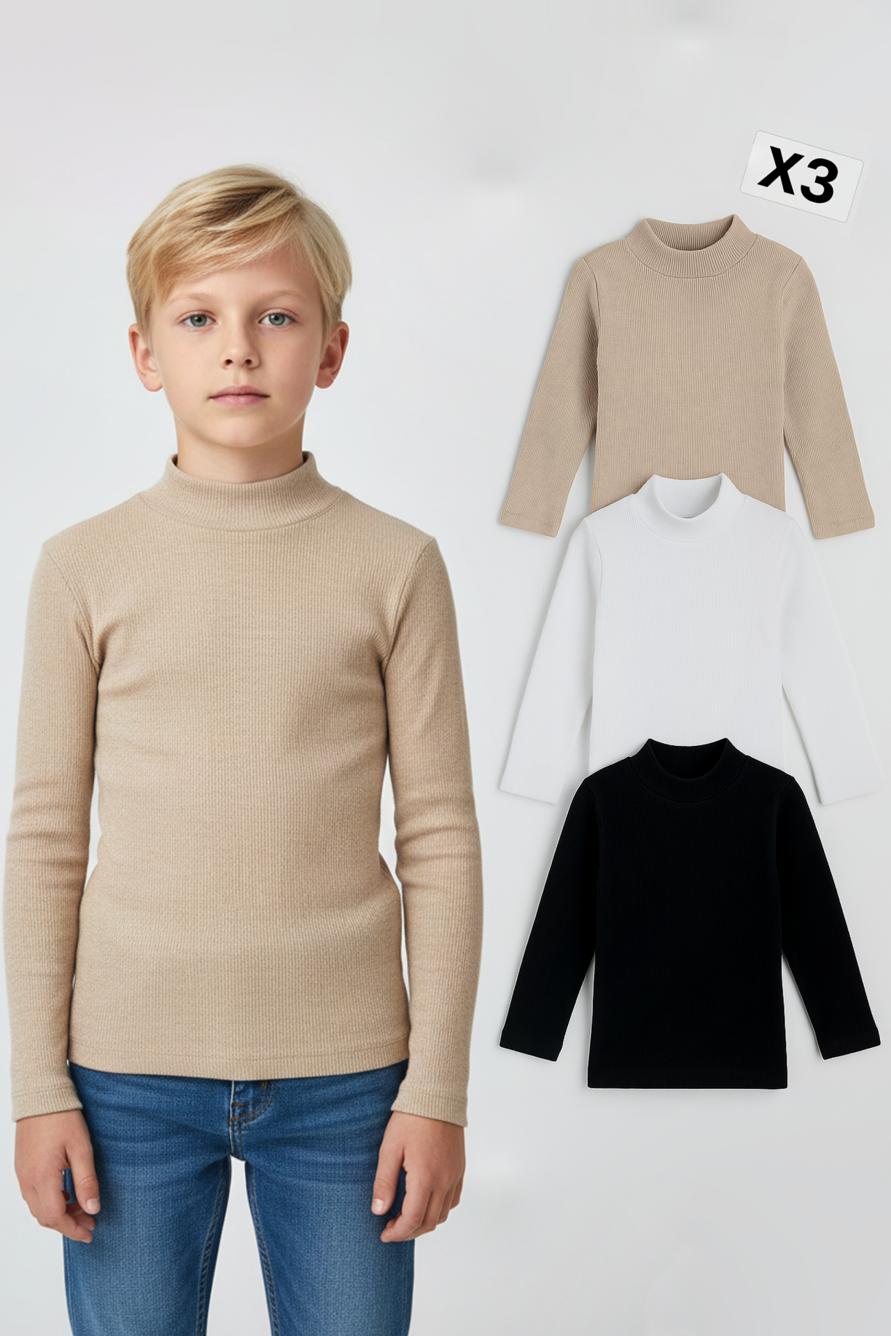 Erkek Çocuk 3’lü Set Esnek Kaşkorse Fitilli Boğazlı Uzun Kollu Body Pamuklu İçlik & Günlük Basic Üst