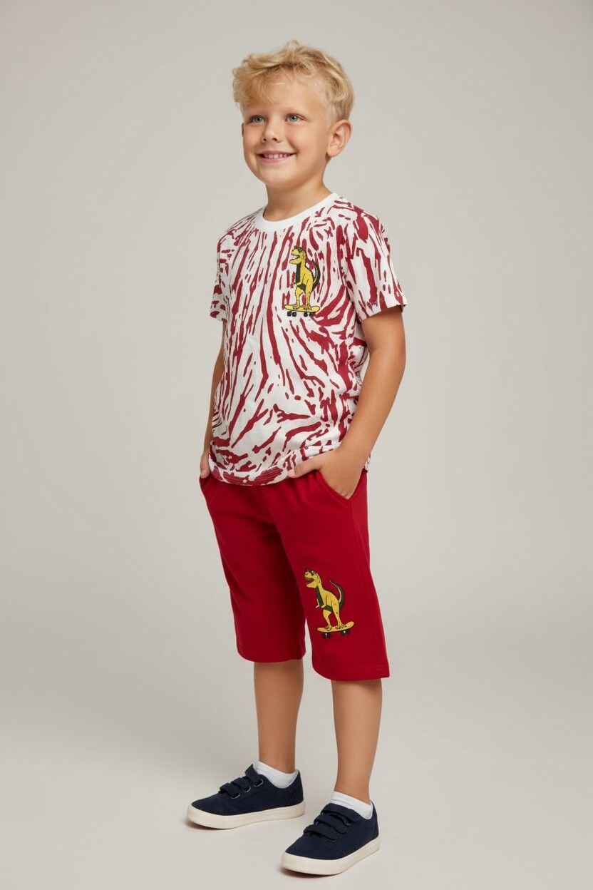 Erkek Çocuk Dinozor Baskılı Alt Üst Takım – Kırmızı Şortlu Yazlık Takım KIRMIZI 11-12 Yaş