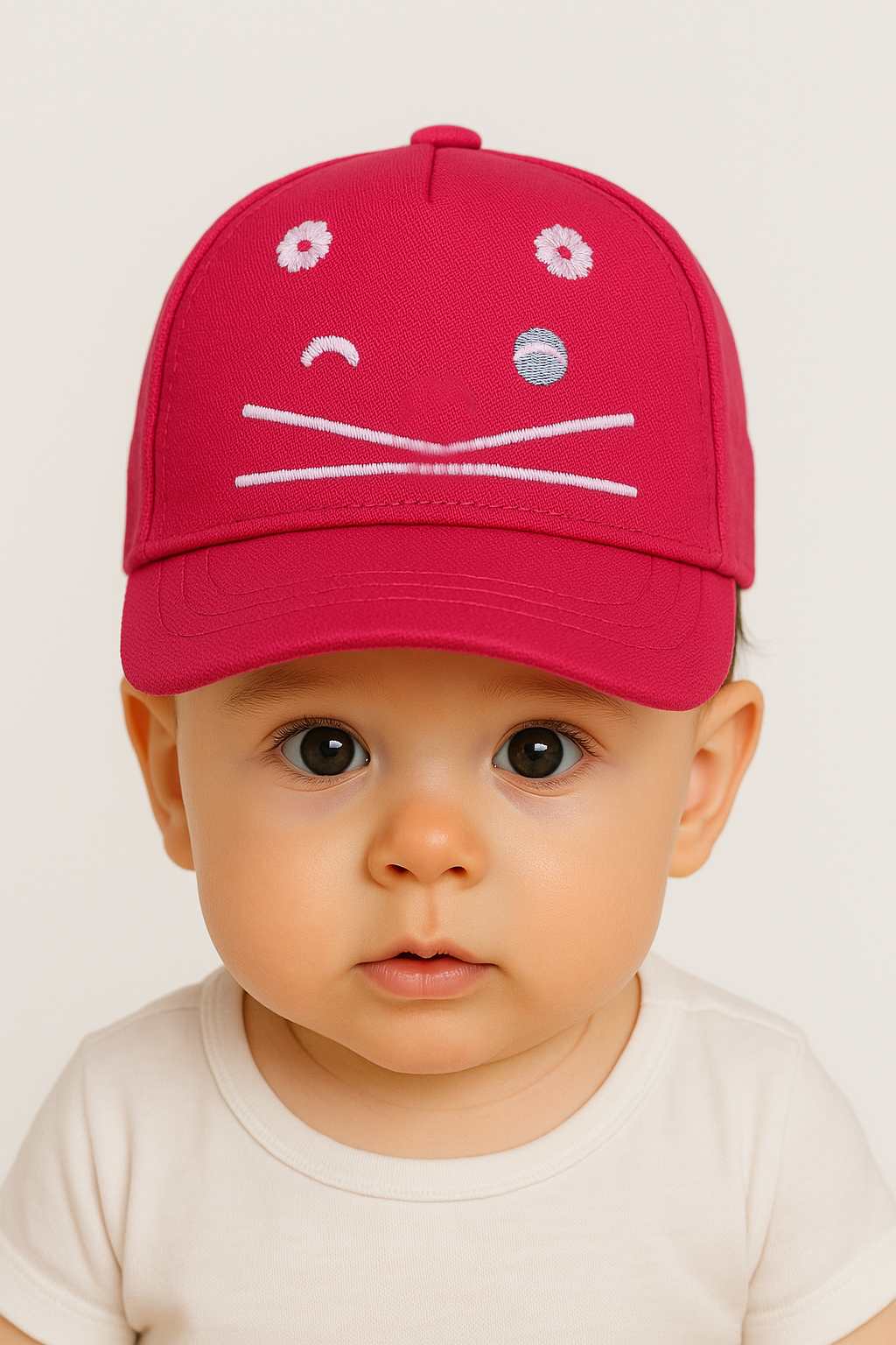 0-18 Ay Bebek Unisex Şapka | Nakışlı Kedi Yüz Desenli Yazlık Pembe Şapka | Güneş Koruyucu