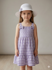 Kız Çocuk Pötikare Desenli Elbise ve Fiyonklu Hasır Şapka Takımı LİLA 2 Yaş