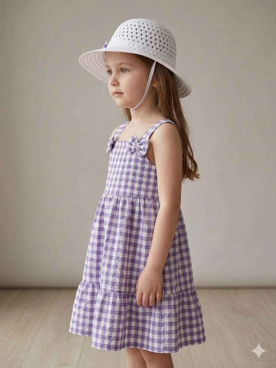 Kız Çocuk Pötikare Desenli Elbise ve Fiyonklu Hasır Şapka Takımı LİLA 2 Yaş