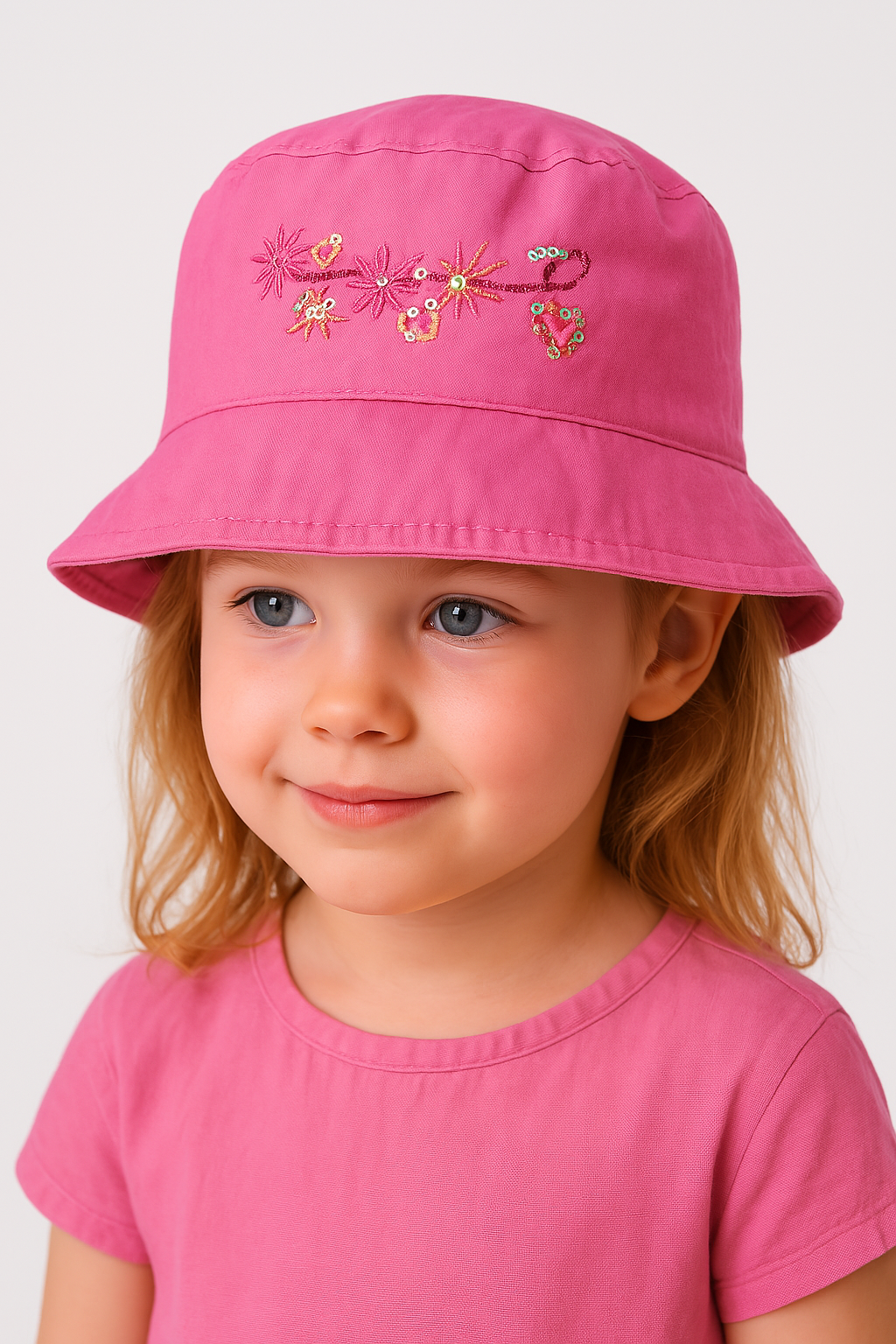 Kız Çocuk Nakışlı Pullu Pembe Şapka | Yazlık Güneşten Koruyan Pamuklu Şapka | 5-8 Yaş Bucket Model