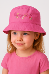 Kız Çocuk Nakışlı Pullu Pembe Şapka | Yazlık Güneşten Koruyan Pamuklu Şapka | 5-8 Yaş Bucket Model