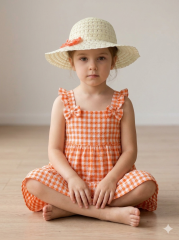 Kız Çocuk Pötikare Desenli Elbise ve Fiyonklu Hasır Şapka Takımı TURUNCU 4 YAŞ