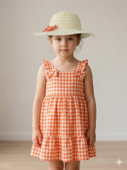 Kız Çocuk Pötikare Desenli Elbise ve Fiyonklu Hasır Şapka Takımı TURUNCU 4 YAŞ