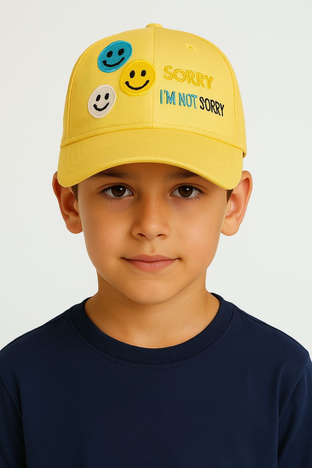 Erkek Çocuk Nakışlı Şapka | Renkli Smiley Baskılı Yazlık Pamuklu Ayarlanabilir Çocuk Şapka 3-7 Yaş SARI - 3-7 Yaş