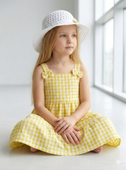 Kız Çocuk Pötikare Desenli Elbise ve Fiyonklu Hasır Şapka Takımı SARI 2 Yaş