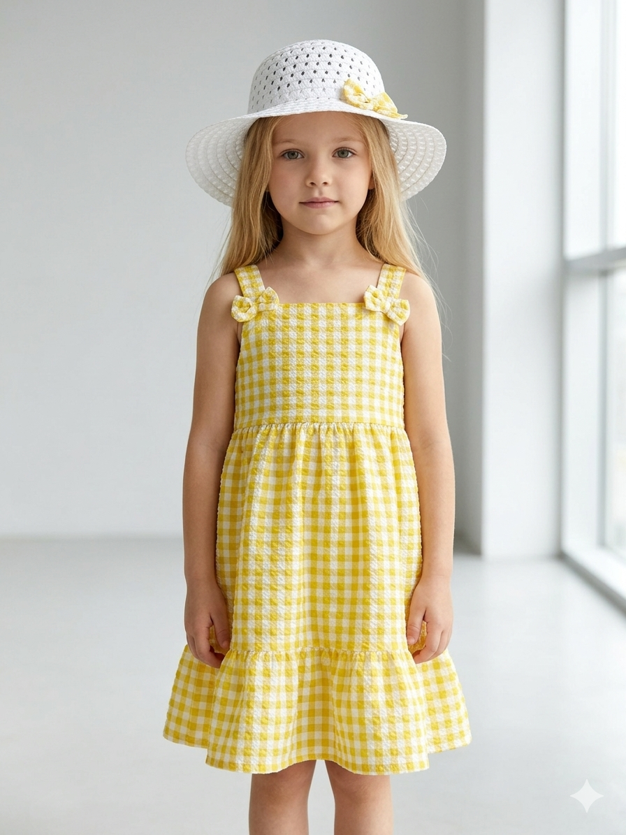 Kız Çocuk Pötikare Desenli Elbise ve Fiyonklu Hasır Şapka Takımı SARI 2 Yaş