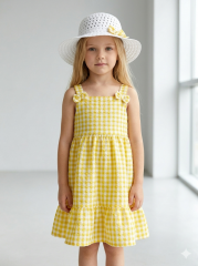 Kız Çocuk Pötikare Desenli Elbise ve Fiyonklu Hasır Şapka Takımı SARI 2 Yaş