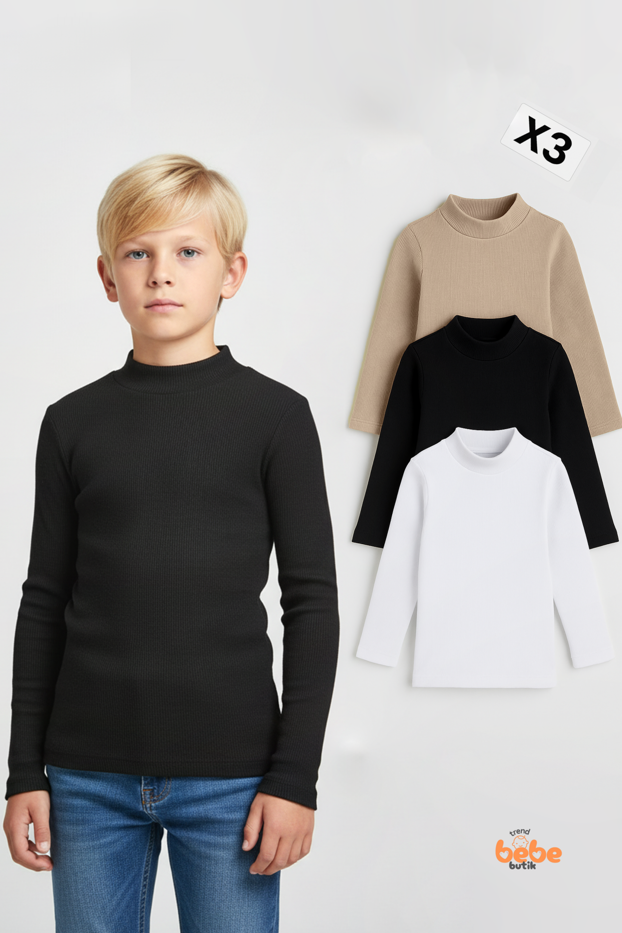 Erkek Çocuk 3’lü Set Esnek Kaşkorse Fitilli Boğazlı Uzun Kollu Body Pamuklu İçlik & Günlük Basic Üst