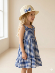Kız Çocuk Pötikare Desenli Elbise ve Fiyonklu Hasır Şapka Takımı LACİVERT 4 YAŞ